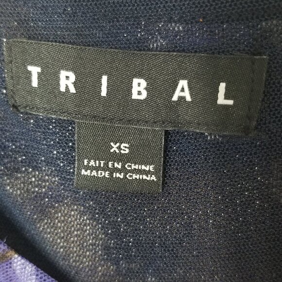 Tribal Sheer Arms Abstract Blue Brown Top 3/4 Sleeves Business Casual XSmall - Picture 2 of 10